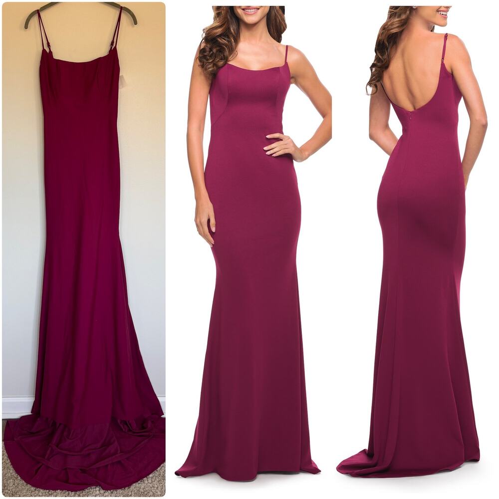 La Femme Simple Elegant Long Jersey Dress with Scoop Neck in Burgendy